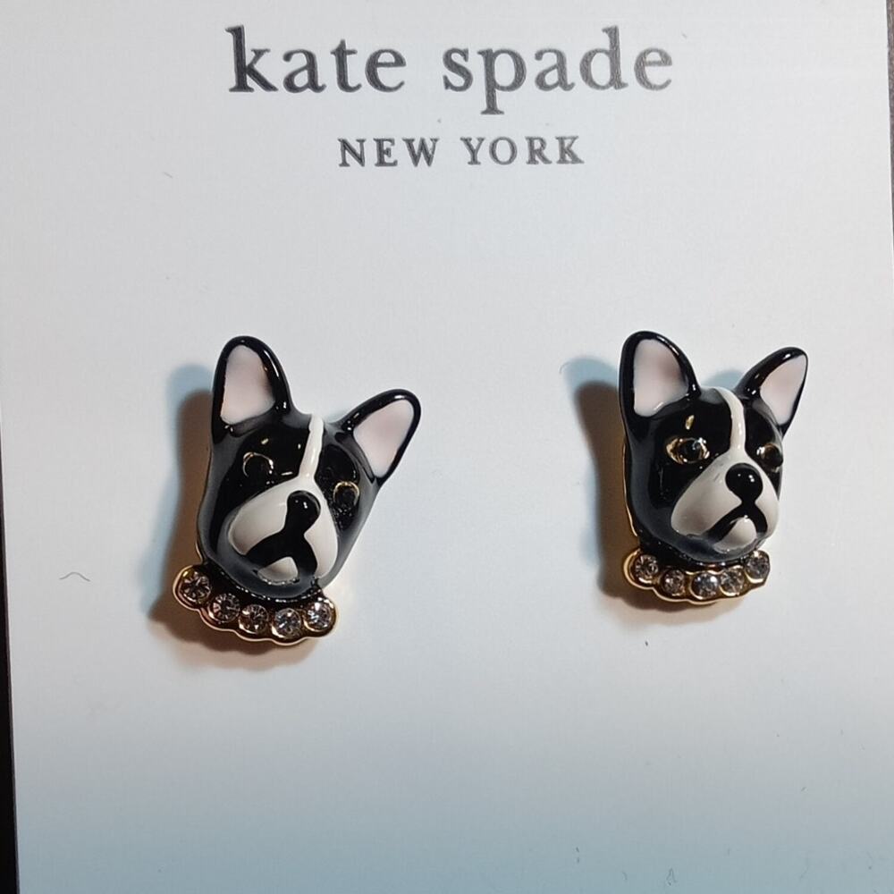 Kate Spade Ma Cherie Antoine French Bulldog Stud Earrings Black White Signed